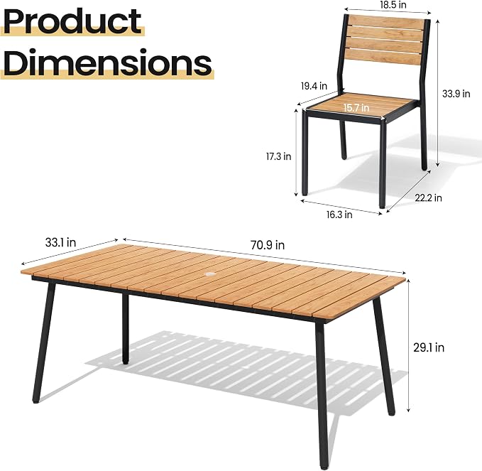 7-Piece Outdoor Dining Set for 6 Person with Teak Wood-Grain Top | Armless Stackable Chairs with 19.4" Seat Depth, Aluminum Frame Dining Furniture with Umbrella Hole for Deck, Porch & Backyard