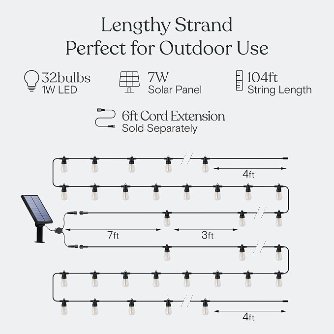 Brightech 104 (52x2) FT Ambience Pro Solar Powered Outdoor LED String Lights - Waterproof Remote Control Lights - 32 Bulbs, 7W Solar Powered Soft White Light for Camping, Patio, Garden