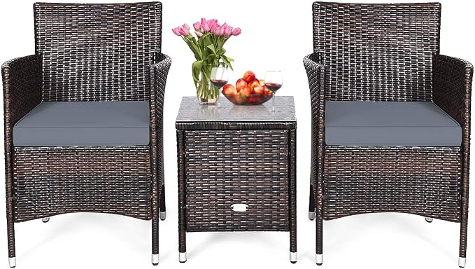 HAPPYGRILL 3-Pieces Patio Furniture Set Outdoor Wicker Rattan Conversation Set with Coffee Table Chairs & Thick Cushions Bistro Sets for Patio Garden Lawn Backyard Pool