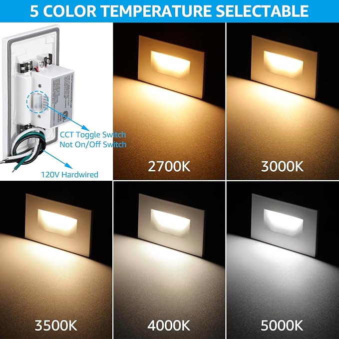 LEONLITE 6-Pack 5CCT 120V LED Step Lights, Horizontal, White | 150LM, 5%-100% Dimmable, CRI90, ETL, Indoor Outdoor Stair Lights, Wet Location, 2700K/3000K/3500K/4000K/5000K, Aluminum