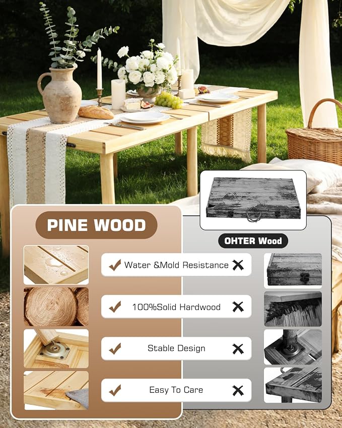 60" X 30" Boho Low Picnic Table, Portable Wooden Picnic Table with 3 Adjustable Heights, Natural Pine Wood Floor Table for Camping, Weddings, Beach & Family Gatherings, Seating for 6-8 People