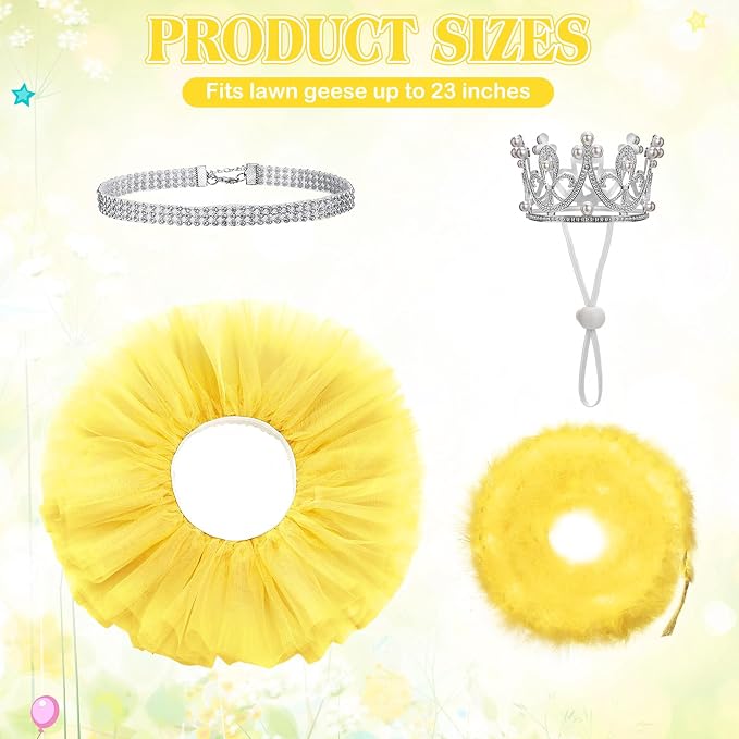 4 Pcs Princess Porch Goose Outfit for 23" 17" Cement Lawn Goose Costume Crown Necklace Tutu Skirt Feather Trim(Yellow)