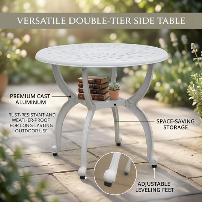 Round Outdoor Coffee Table, Cast Aluminum Side Table with Storage,Indoor End Table, All-Weather Bistro Table for Patio Garden Lawn,White