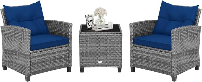 HAPPYGRILL 3 Pieces Patio Conversation Set, Outdoor Furniture Set PE Rattan Sofa Set with Removable Cushions, PE Wicker Chairs with Tempered Glass Side Table for Porch Lawn Garden Balcony Backyard