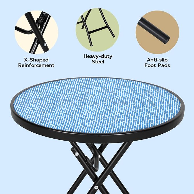 Abba Patio Bistro Table,18" Round Folding Side Table with Tempered Glass Tabletop,Small End Table for Outdoor Indoor Yard Garden Balcony Coffee,Blue