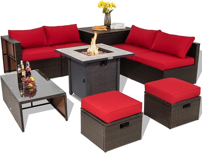 COSTWAY 9 Piece Patio Furniture Set with 30'' Fire Pit Table, Outdoor Wicker Rattan Sectional Sofa Set with 4'' Thickened Cushions, 2 Coffee Tables and 2 Ottomans for Poolside Backyard (Red)