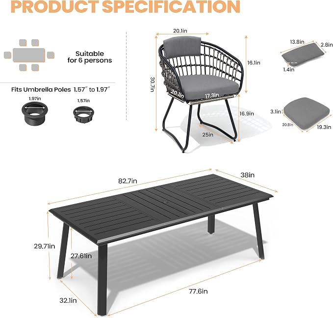Pellebant 7-piece Outdoor Dining Set for 6 - Weather-Resistant Patio Dining Furniture Set, 83" Aluminum Outdoor Table with Umbrella Hole, Wicker Chairs with Cushion for Deck, Porch, Backyard, Gray