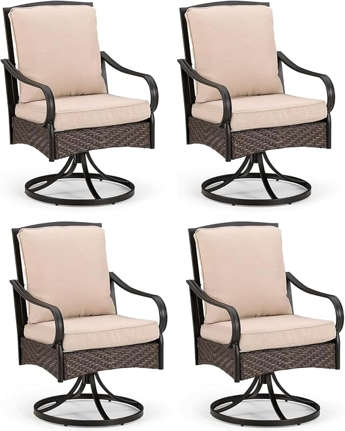 PHI VILLA Swivel Patio Dining Chairs Wicker Chairs Set of 4 with Cushions | Heavy Duty Outdoor Metal Wicker Dining Chair with Padded Cushions, Large All Weather Wrought Iron Patio Chair for Balcony