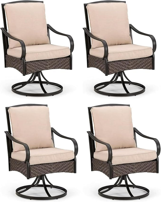 PHI VILLA Swivel Patio Dining Chairs Wicker Chairs Set of 4 with Cushions | Heavy Duty Outdoor Metal Wicker Dining Chair with Padded Cushions, Large All Weather Wrought Iron Patio Chair for Balcony