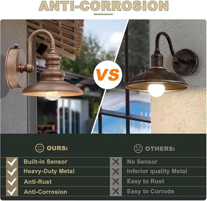 Dusk to Dawn Sensor Rustic Outdoor Gooseneck Barn Light Fixture | Exterior Wall Sconce Lighting Waterproof Outside Porch Lantern Farmhouse Wall Mount Lamp for House Garage Patio