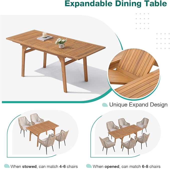Patiorama 7-Piece Outdoor Dining Set, Patio Wicker Dining Table Chair Set with 55"-71" Acacia Wood Expandable Table & Twisted Rattan Rope Chairs, All-Weather Dining Furniture Set for Yard Garden, Tan