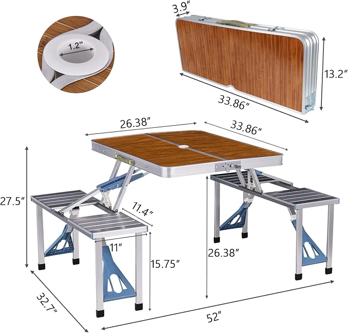 Picnic Table Folding Portable 4-Person Fold Up Travel Camping Table for Indoor, Outdoor Travel, Patio, Lawn, Garden (Bamboo Table)