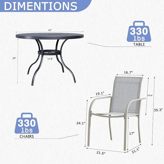 5 Piece Patio Dining Set for 4, 42” Black Round Table with Umbrella Hole and 4 Beige Blue Patio Stackable Chairs, Patio Table and Chairs for Backyard, Lawn, Deck & Garden