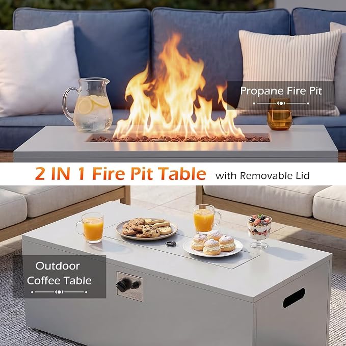 ECOTOUGE 8-Piece Half-Moon Curved Patio Furniture Set with Fire Pit Table, Wicker Rattan Sectional Sofa with Thick Cushions, Outdoor Conversation Set for Backyard Garden No Tank Cover(Beige, Grey)