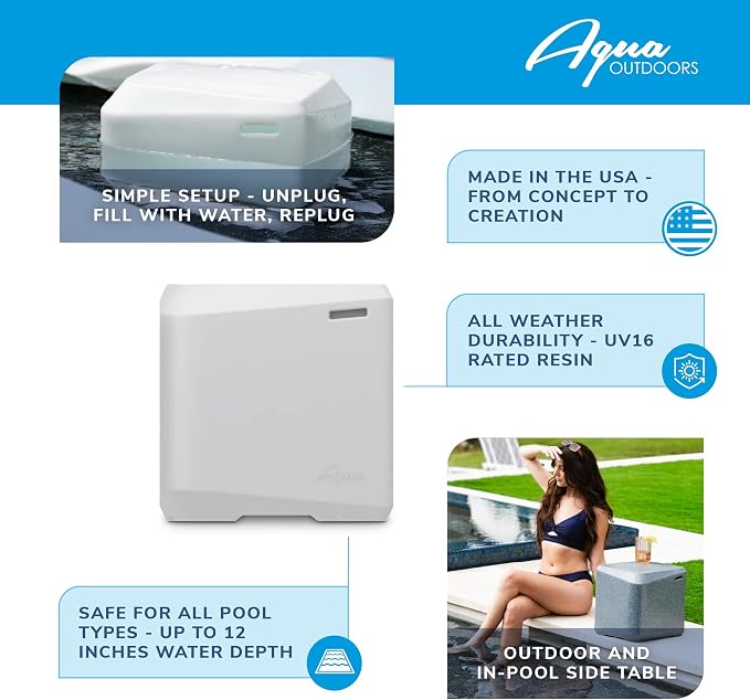Aqua Outdoors - Small Side Table - for Inside Pool, Sun Shelf & Patio Surfaces - Designed for Shallow Shelves Up to 10” - Compatible with All Pool Types - Poolside & Sun Deck Tanning - White Granite