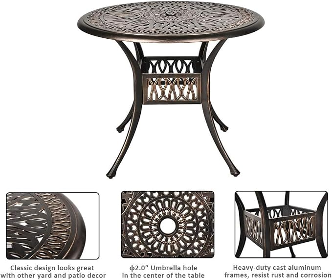 Grepatio 35.4" Round Cast Aluminum Patio Bistro Table, Outdoor Dining Table with 2” Umbrella Hole, Outdoor Side Table for Porch, Backyard, Garden, Balcony