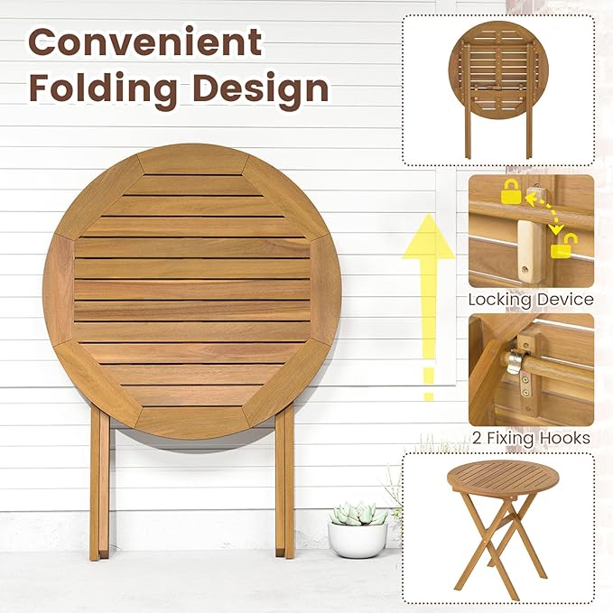 RELAX4LIFE Round Outdoor Folding Table - 26’’ Acacia Wood Patio Bistro Table w/Slatted Tabletop for Indoor Outside Dining Camping, Portable Foldable Wooden Furniture for Garden Backyard Porch (1)
