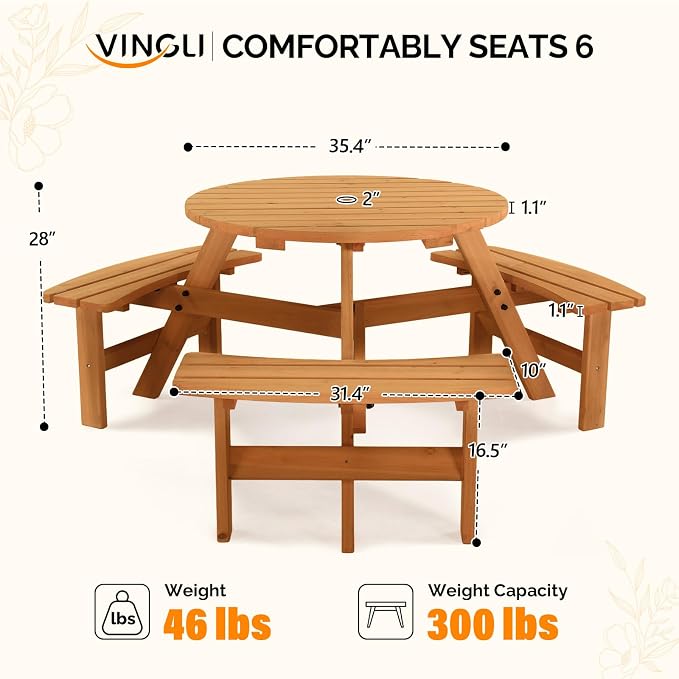 VINGLI Wood Picnic Table Outdoor Round Picnic Table with Umbrella Hole and 3 Built-in Benches, Outdoor Dining Tables and Chairs 300 LBS Bench Capacity (Natural, Round)
