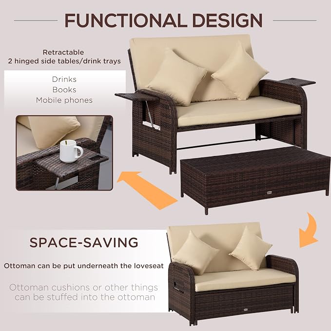 Outsunny Patio Rattan Daybed with Cushions, Wicker Outdoor Bed Lounger w/Loveseat, Storage Ottoman, Coffee & Side Tables, for Poolside, Porch, Backyard, Beige