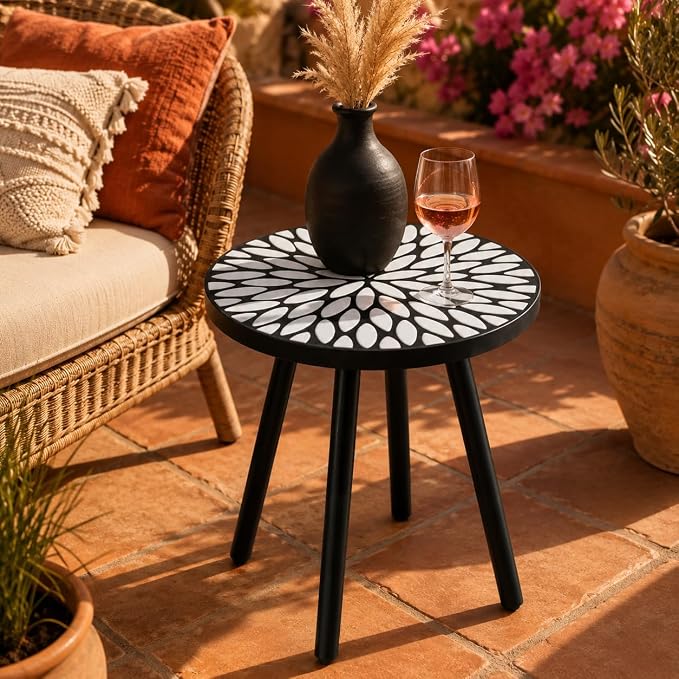 Laurel Outdoor Side Table, 18" Mosaic Round Accent Table with Ceramic Tile Tabletop and Steel Frame, Indoor Small Decorative Plant Stand & End Table for Living Room, Patio, Garden - Black/White