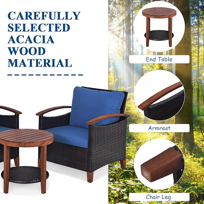 COSTWAY 3PCS Patio Rattan Furniture Set, Outdoor Solid Wood Frame Cushion Sofa with Round Table for Garden Porch Backyard Poolside (Blue)