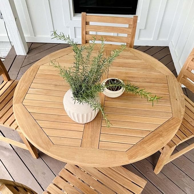 Ash & Ember Grade A Teak 42" Round Dining Table, Weather-Resistant Indoor Outdoor Bistro-Style Solid Wood Patio Furniture, Slatted Surface with Umbrella Hole, Fits 4 People Comfortably