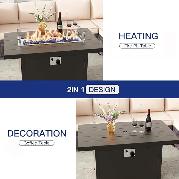 Aluminum Outdoor Patio Furniture Set,6 Pieces 5 Seats Patio Conversation Sets with 45" Propane Fire Pit Table,Metal Furniture Set with 2 Swivel Rocking Chairs & 2 Ottomans,Navy Blue