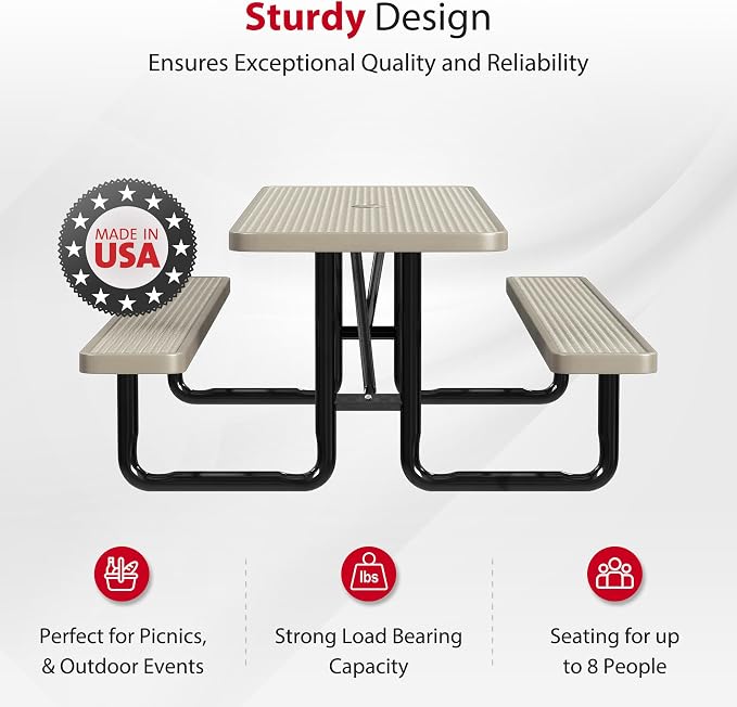 Leisure Craft Metal Picnic Table with Bench - 8 ft Rectangle Outdoor Dining Table for 8, Umbrella Hole, Weatherproof Heavy Duty Thermoplastic Coating, Commercial Grade Furniture Made in USA - Beige