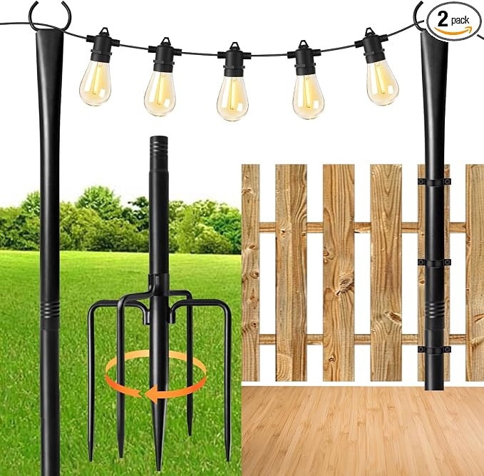 2 Pack 10FT Lighting Hanging Pole for Outside, Waterproof Hardened Metal Outdoor String Light Poles for Patio, Garden, Bistro, Wedding, Parties