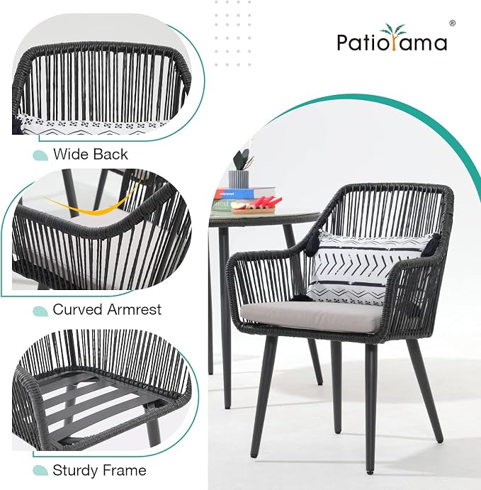 Patiorama 7-Piece Outdoor Dining Set, Patio Wicker Dining Table Chair Set with 55"-71" Acacia Wood Expandable Table & Twisted Rattan Rope Chairs, All-Weather Dining Furniture Set for Yard Garden,Black