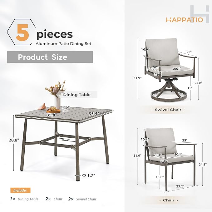 HAPPATIO 5-Piece Outdoor Dining Set for 4, Aluminum Patio Dining Set Includes 1 Large Square Table with Umbrella Hole, 2 Swivel Dining Chairs, and 2 Dining Chairs, for Lawn, Porch, Backyard (Grey)