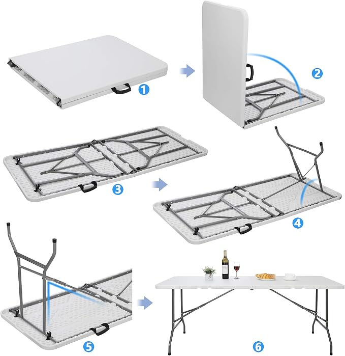 6 FT Folding Table, Fold in Half, Heavy Duty Portable Plastic w/Handle for Picnic Party Camping Dining Indoor Outdoor - Lightweight White
