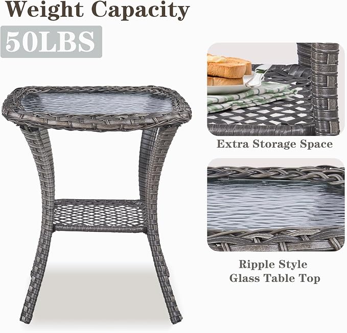Small Outdoor Side Table - 50 LBS Weight Capacity Wicker Side Table with Storage, Tempered Glass Top Patio Side Table for Porch Balcony Deck Garden - Grey
