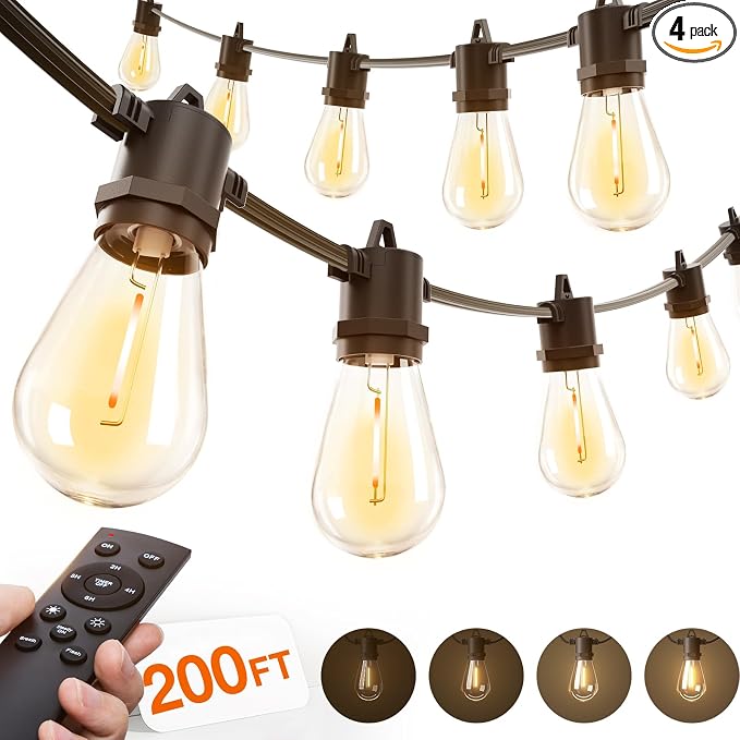 addlon 200FT Outdoor String Lights LED with Remote Dimmable Waterproof | Timer & 3 Lighting Modes, Shatterproof Edison Bulbs, Connectable Hanging Strand for Patio Outside Backyard Porch Party Décor