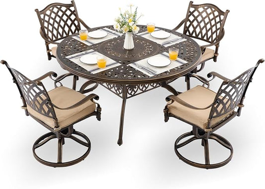 5-Pcs Cast Aluminum Patio Dining Set with 4 Swivel Chairs,Bronze | Outdoor Furniture Set Include 54" Round Dining Table and 4 Swivel Chairs with Cushions & Umbrella Hole