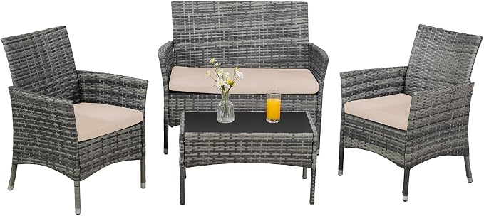 Outdoor Furniture Set of 4 Pieces with PE Waterproof Rattan Tempered Glass Table and Thick Cushions Suitable for Gardens Porches Terraces and Balconies Easy to Assemble, Grey