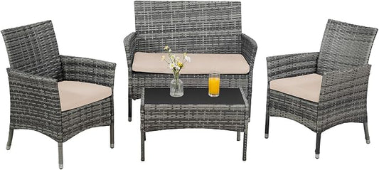 Outdoor Furniture Set of 4 Pieces with PE Waterproof Rattan Tempered Glass Table and Thick Cushions Suitable for Gardens Porches Terraces and Balconies Easy to Assemble, Grey