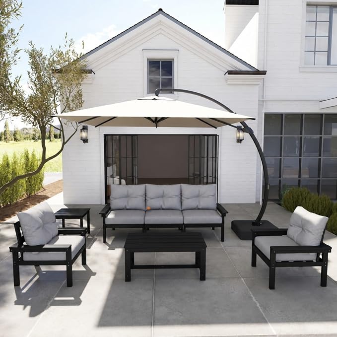 HDPE 7 Piece Patio Furniture Set, All-Weather Outdoor Couch Set with Thick Cushions & Table & Umbrella, Patio Conversation Sets for Lawn, Garden, Porch, Balcony, Deck, Poolside, Black & Grey