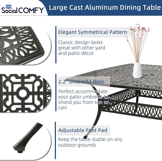 9-Piece Patio Cast Aluminum Dining Set, Outdoor Dining Furniture Set for 8 Person, Includes 64" Square Table, 6 Stationary and 2 Swivel Dining Chairs with Umbrella Hole, Ocean Blue