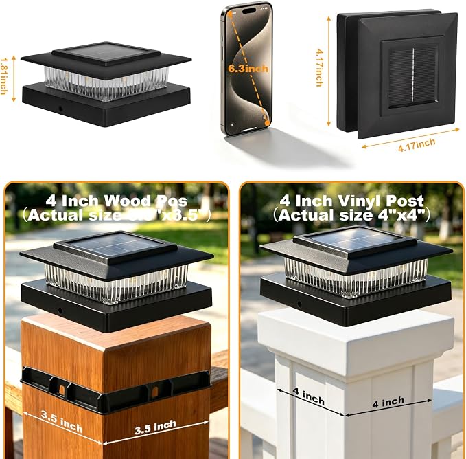 4x4 Solar Post Cap Lights, 13 Lighting Modes Post Solar Lights Outdoor | 8 LED IP44 Waterproof Solar Deck Lights, for 4x4 3.5x3.5 Wood/Vinyl Fence Post