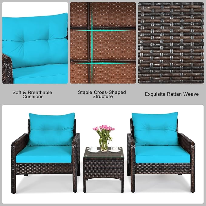 KOTEK 3 Piece Patio Furniture Set, Outdoor Wicker Conversation Bistro Set with 4 Cushions, All Weather PE Rattan Furniture Set for Garden, Backyard, Porch, Poolside (Turquoise)