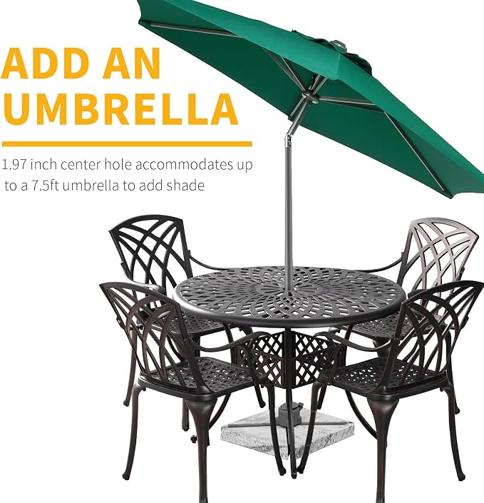 5 Pieces Outdoor Patio Dining Set, Cast Aluminium Patio Furniture Set with 4 Chairs Round Table, Anti Rust Outdoor Dining Set with 1.97" Umbrella Hole for Garden, Porch and Poolside, Bronze