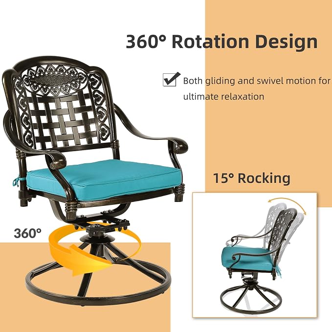 3-Piece Outdoor Patio Dining Set, All-Weather Cast Aluminum Patio Furniture Set for Backyard Garden Deck with 2 Swivel Cushioned Chairs and 31” Round Table, 2" Umbrella Hole, Ocean Blue