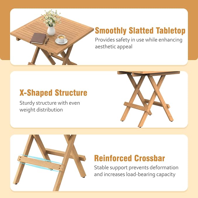OTSUN Teak Wood Square Foldable Side Table Outdoor, Portable Patio End Table for Garden, Pool & Balcony, Natural Wooden Accent Table