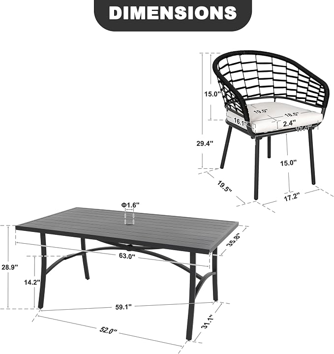 NUU GARDEN 7-Piece Patio Dining Set, Patio Table and Chairs Set Includes Rectangular Patio Table with Umbrella Hole, 6 Woven Rope Chairs with Beige Cushions, Outdoor Furniture Set, Blac