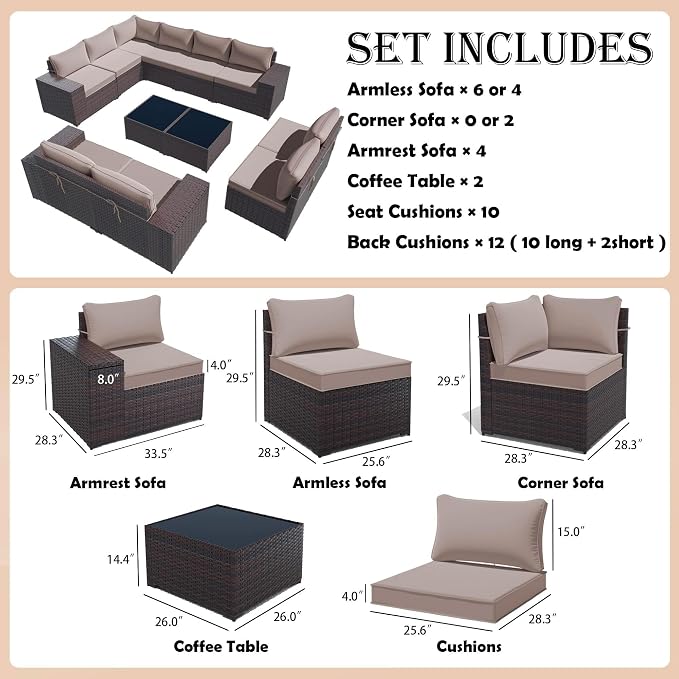 Gotland 12 Pieces Patio Furniture Set, Wicker Outdoor Sectional with Wide Armrests 29.5'' High Backrest 4'' Thick Waterproof Cushions, Oversized Patio Furniture for Deck Garden Khaki