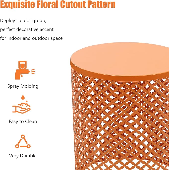 Set of 2 Outdoor Side Table, Garden Stool for Patio, Metal Accent Table Modern End Table, Patio Side Table for Garden, Balcony, Bedroom Indoor Outdoor Decorative, Terracotta Orange