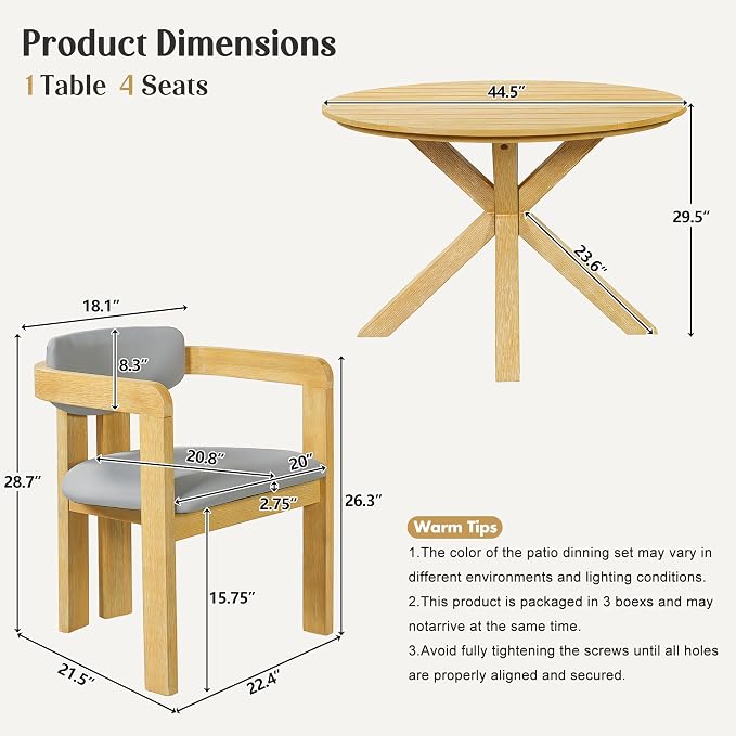 VilroCaz Acacia Wood Outdoor Dining Set for 4, All-Weather Outdoor Round Dining Table and 4 Barrel Chairs & Removable Cushions, 5-Piece Patio Furniture for Backyard Deck Poolside (Gray-ZD)