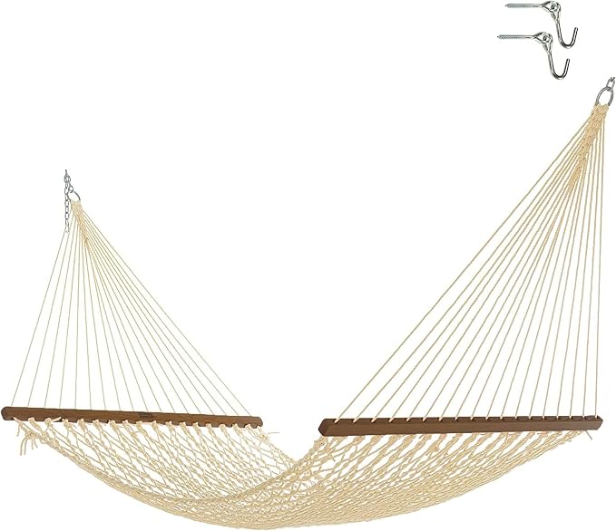 Nags Head Hammocks First Mate Oatmeal DuraCord Rope Hammock – 12 ft. x 50 in., 450 lb Capacity, Cumaru Spreader Bar, Galvanized Hardware, Handcrafted in USA, Free Chains & Tree Hooks