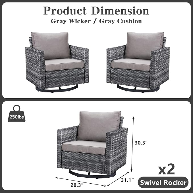 Belord Wicker Chairs Outdoor Bistro Set Oversize Patio Swivel Rocker, Rattan Outdoor Seating Set of 2 Swivel Glider Chairs Wicker Furniture for Porch Deck Backyard with Water-Resistant
